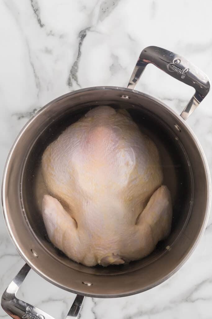 Whole chicken in a pot with water.