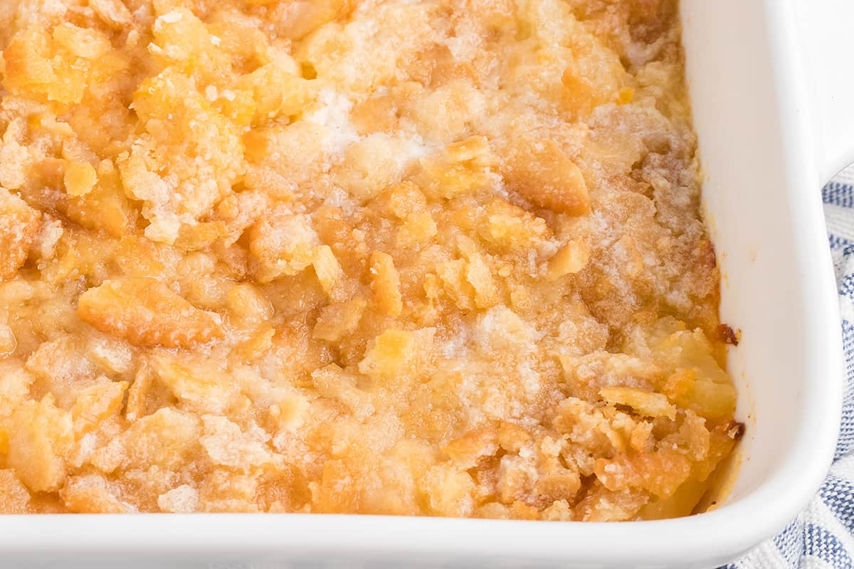 Finished casserole in a baking dish.