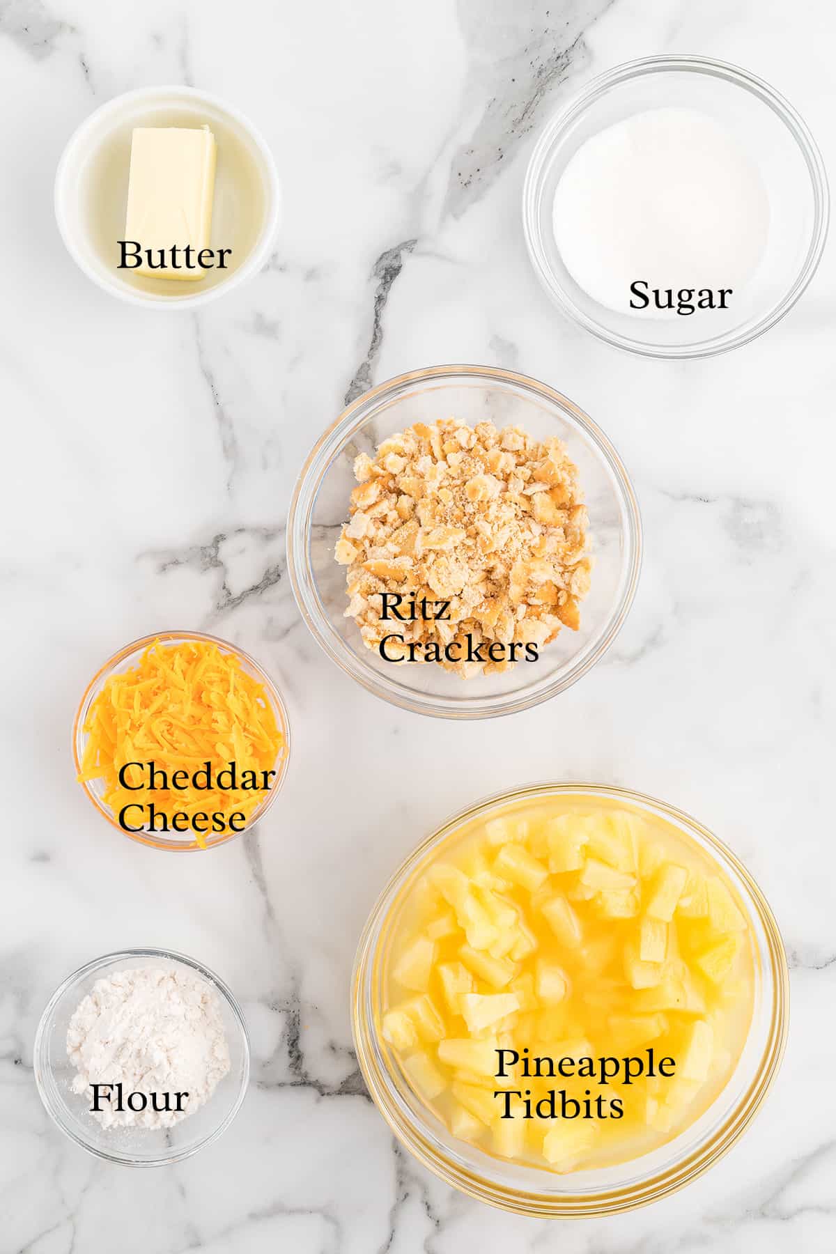 Ingredients needed to make pineapple casserole.