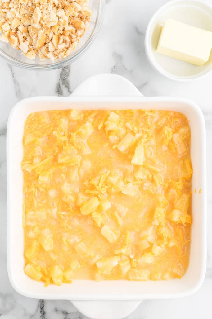 Casserole mixture transferred to baking dish.