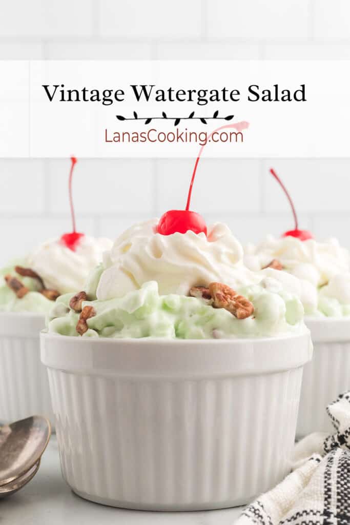 A serving of Watergate Salad in a white ramekin.