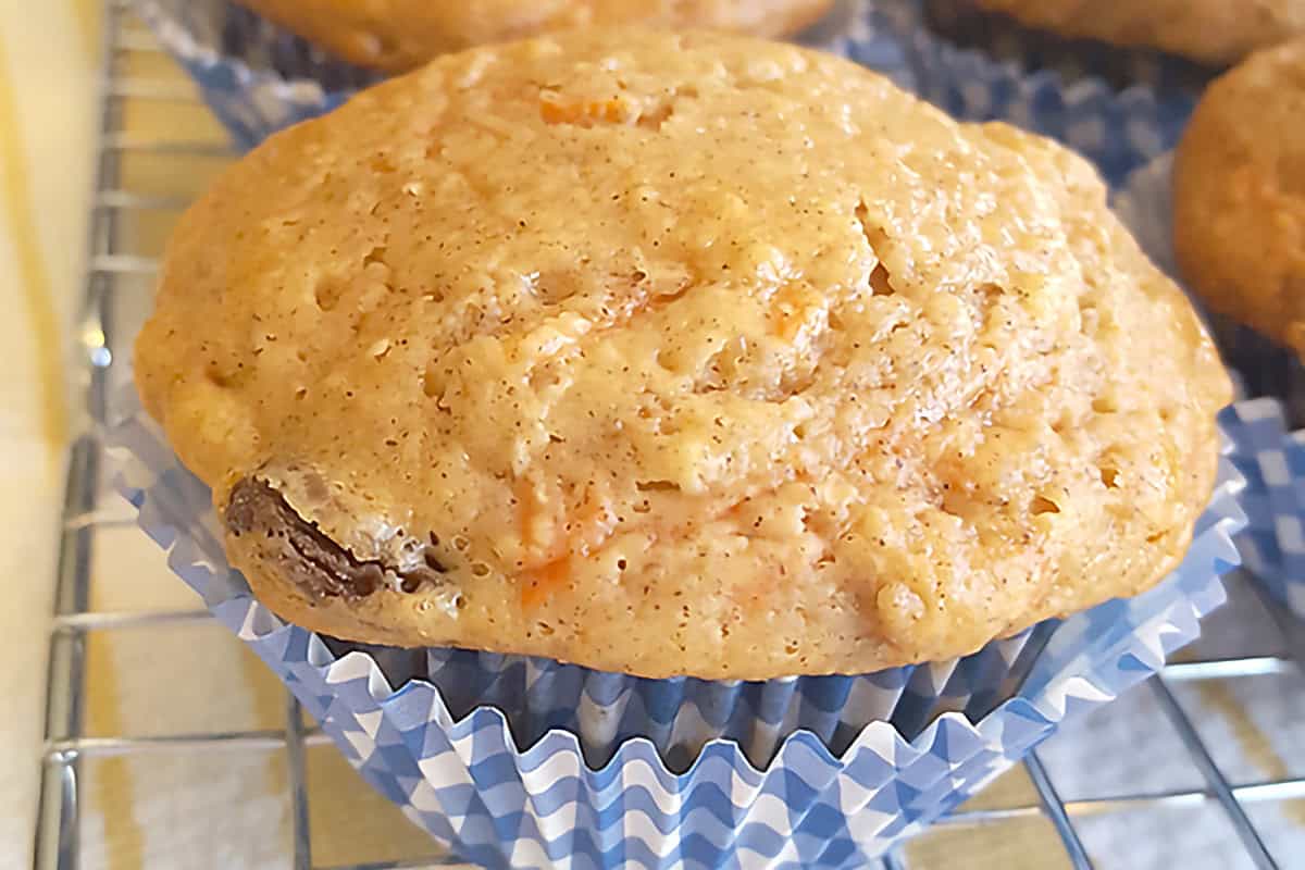 Carrot muffin with raisins in a blue and white paper liner on a cooling rack.