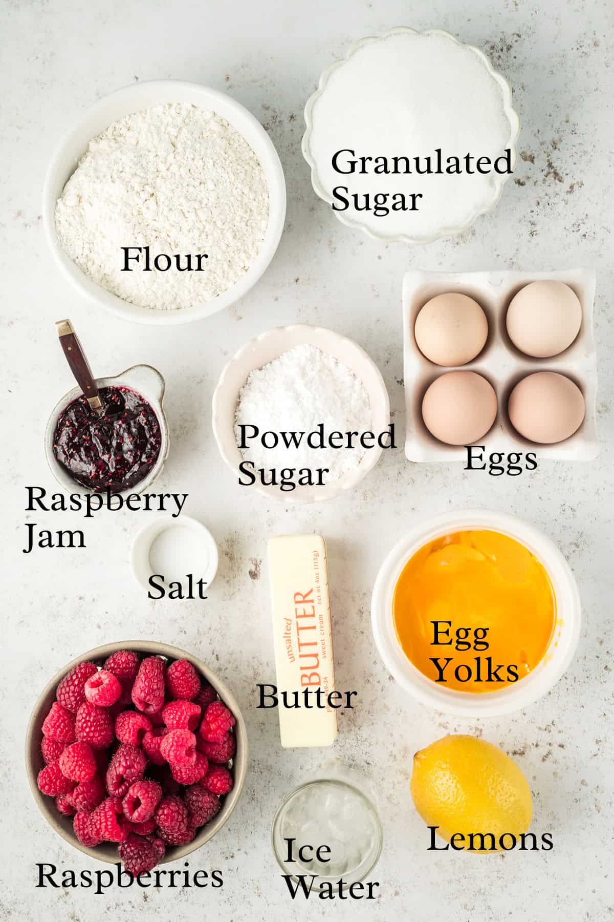 Ingredients needed for the lemon raspberry tart.