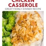 Plate with rice, creamy chicken casserole topped with crumbs, and broccoli. Text reads “Poppy Seed Chicken Casserole.”.