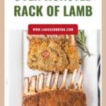 Two seasoned racks of lamb on a white plate, garnished with rosemary, with a recipe title above.