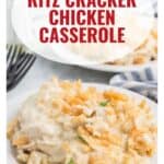 A plate of Ritz cracker chicken casserole topped with crushed crackers, with a website link at the bottom.