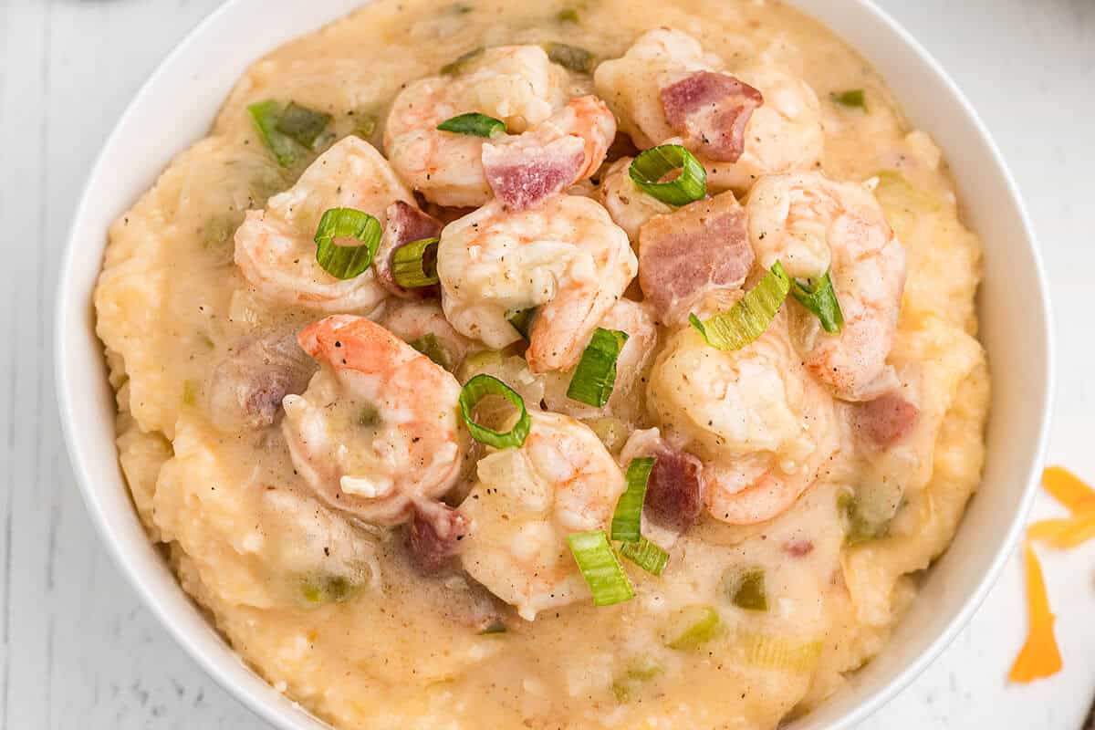 A bowl of shrimp and grits.