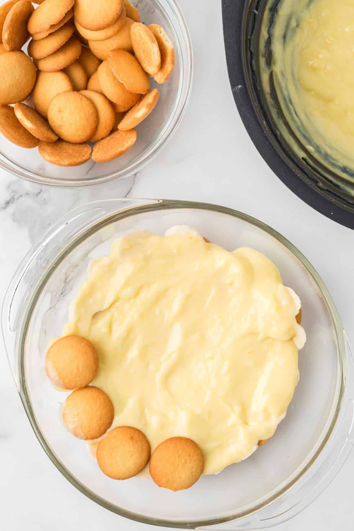 Another layer of vanilla cookies being placed in a single layer over the top of the custard.
