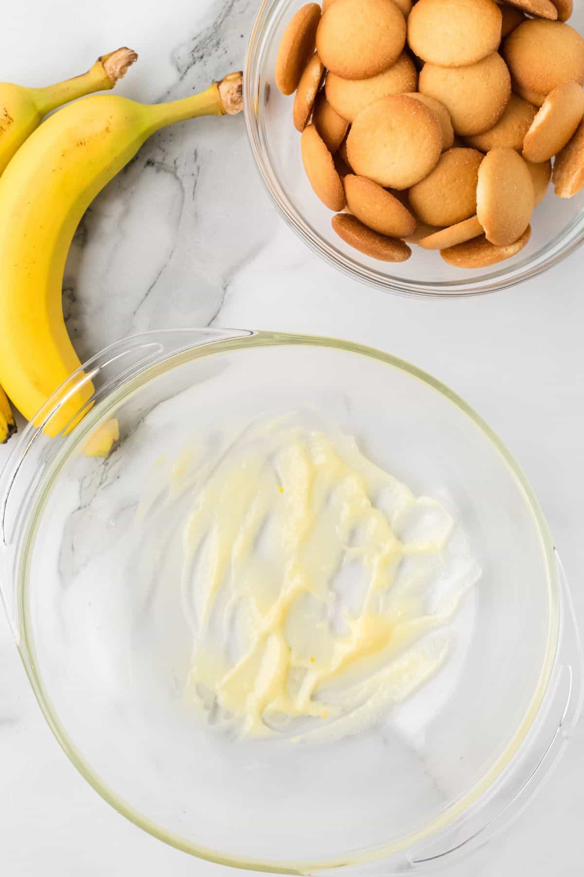 A small amount of the custard spread over the bottom of a bowl.