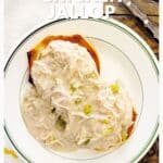 Two hamburger buns topped with creamy chicken mixture on a white plate, recipe text above and website below.