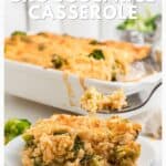 A fork lifts a bite of broccoli rice casserole from a plate, with a baking dish in the background.