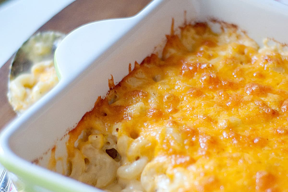 Baked macaroni and cheese in a baking dish.