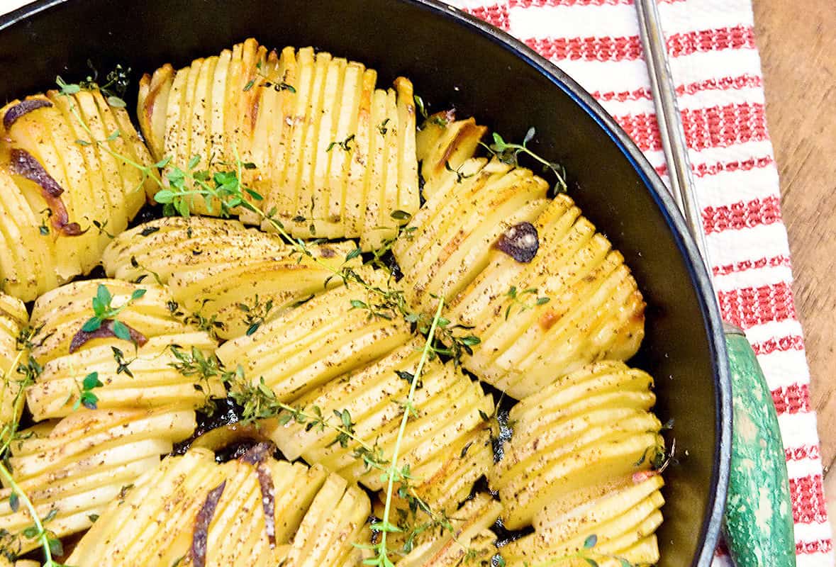 Roasted potatoes in a cast iron skillet.