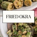 Finished fried okra on a white serving plate.