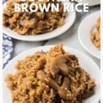 Plates of Southern brown rice with mushrooms, shown up close with the recipe title and website link visible.