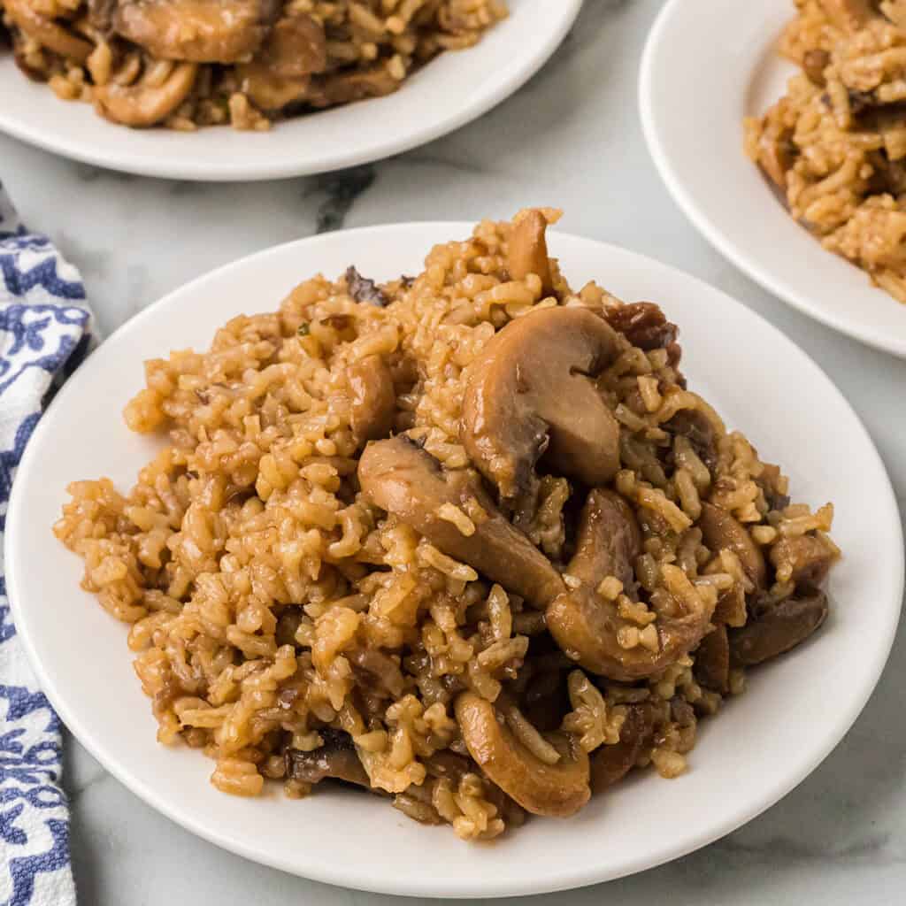 A serving of southern brown rice on a white plate.