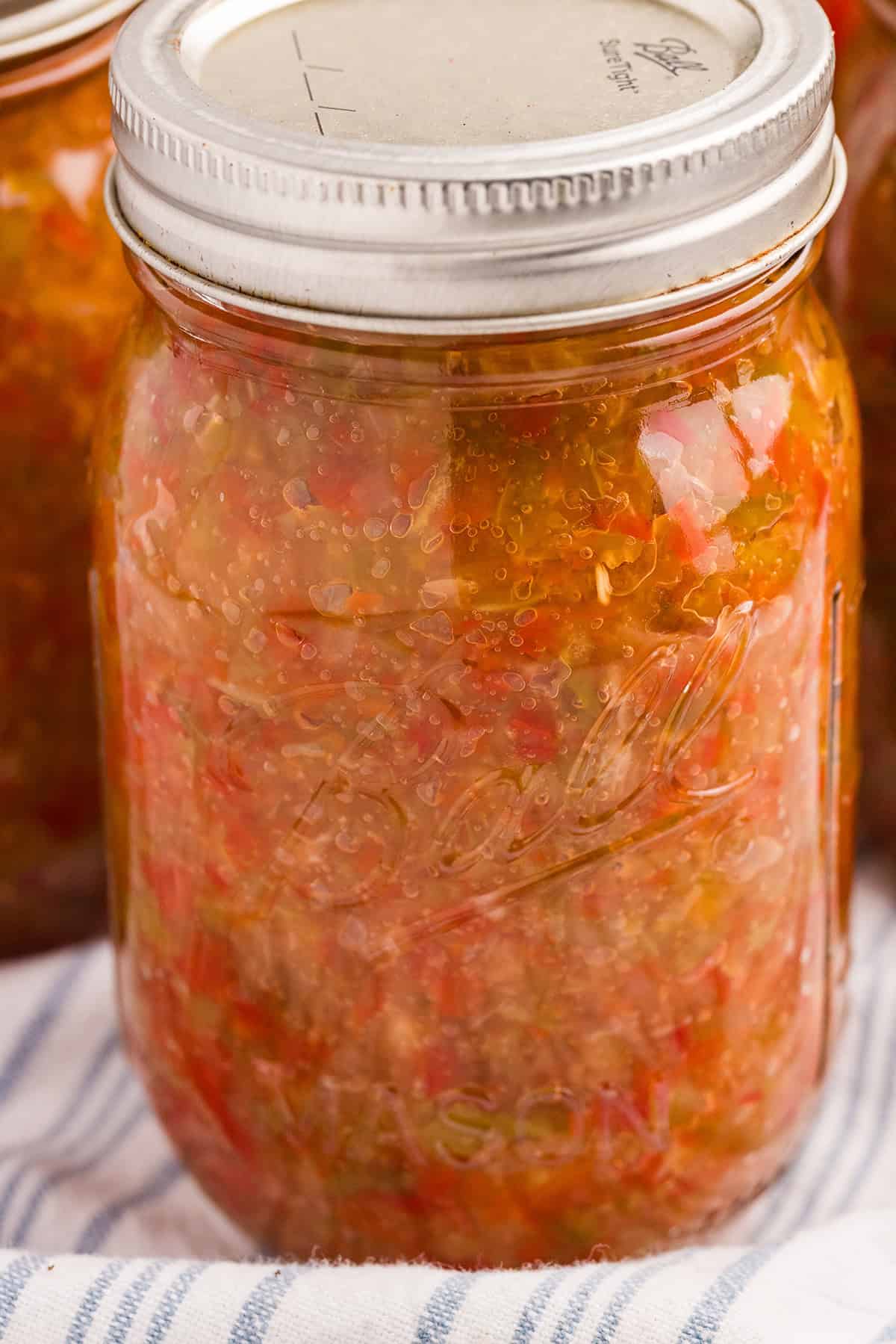 Finished jar of sweet pepper relish.