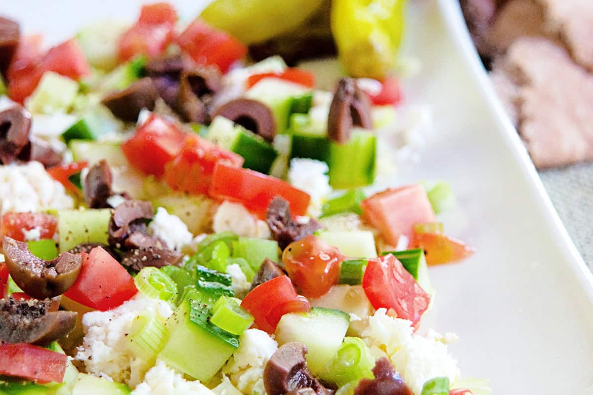 Feta dip on a white serving plate.