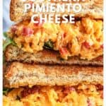 Close-up of two sandwiches filled with creamy southern pimiento cheese on whole grain bread.