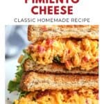 Two stacked pimiento cheese sandwiches with lettuce on whole grain bread, oozing cheesy filling.