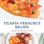 Baked tilapia fillet with tomatoes, olives, and capers, served with potatoes on a white plate.