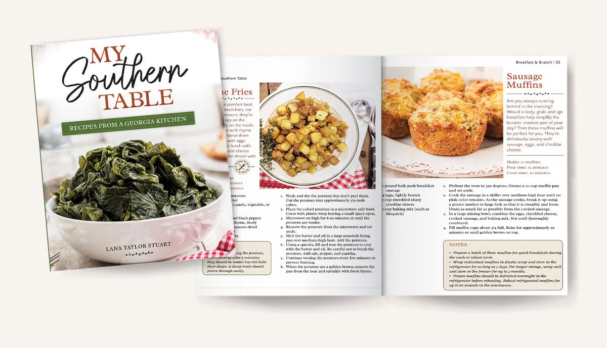 Mockup of pages 54-55 in My Southern Table cookbook.