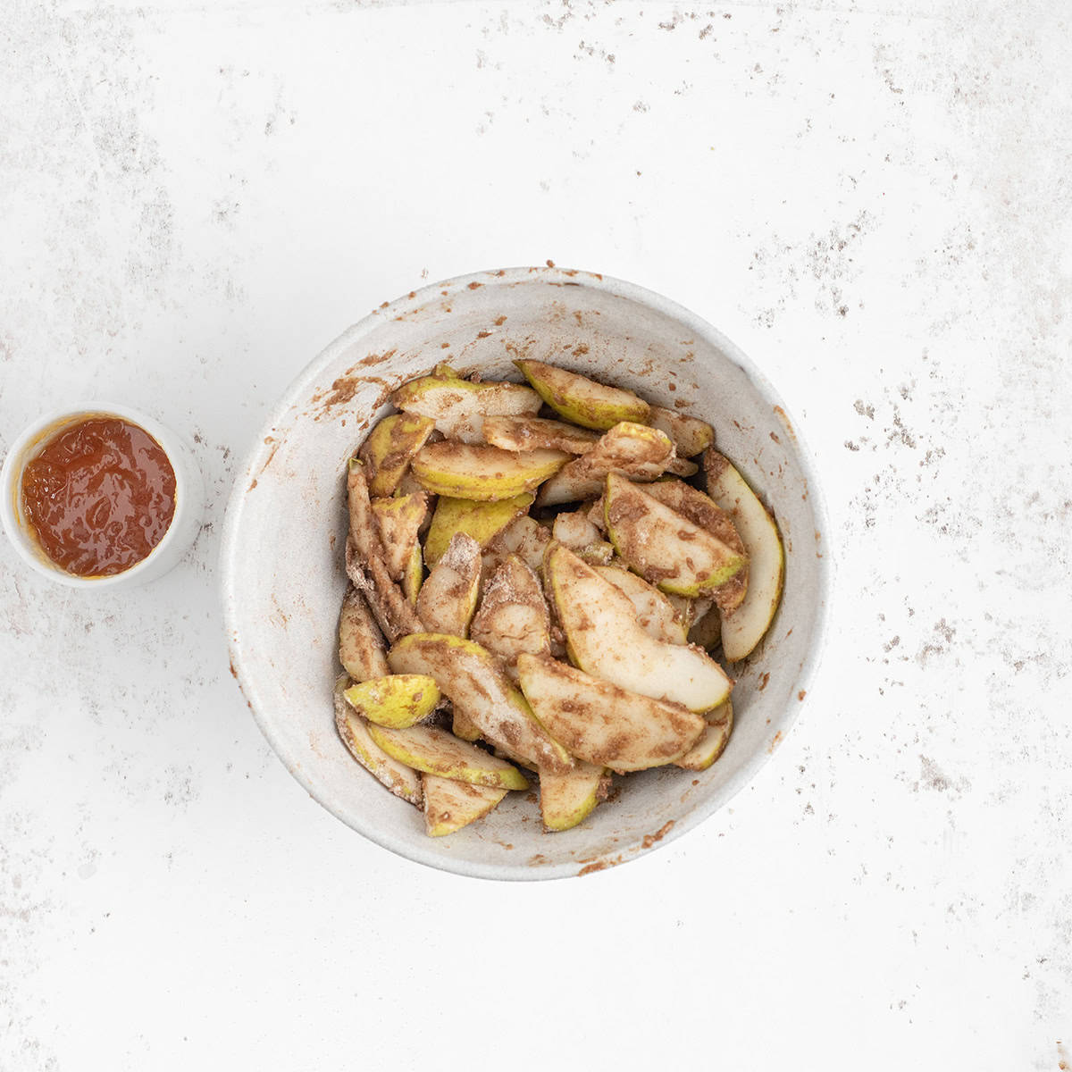 Pear filling thoroughly mixed in a bowl.