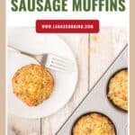 Top view of sausage muffins in a tin, one on a plate with a fork, labeled Bisquick Sausage Muffins.