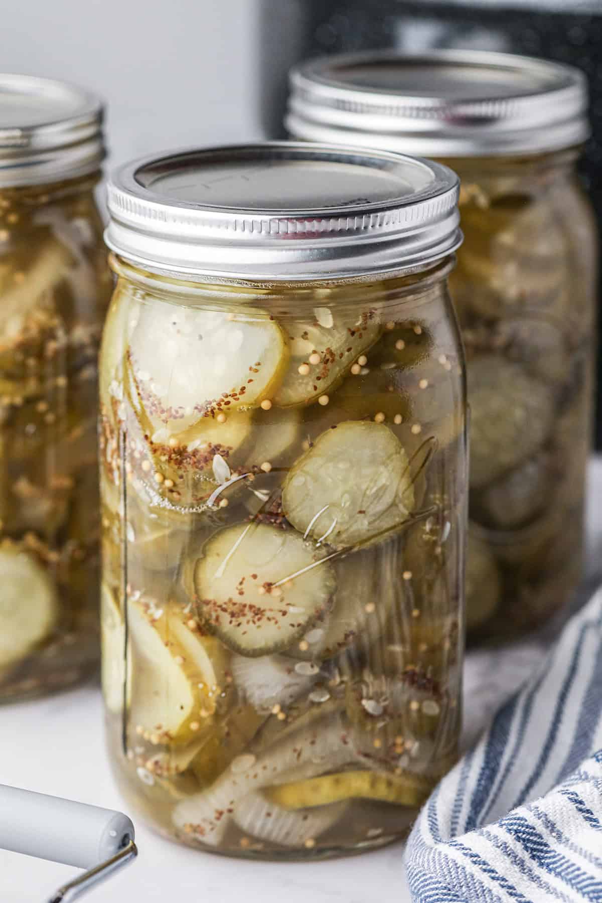 Jars of finished bread and butter pickles.