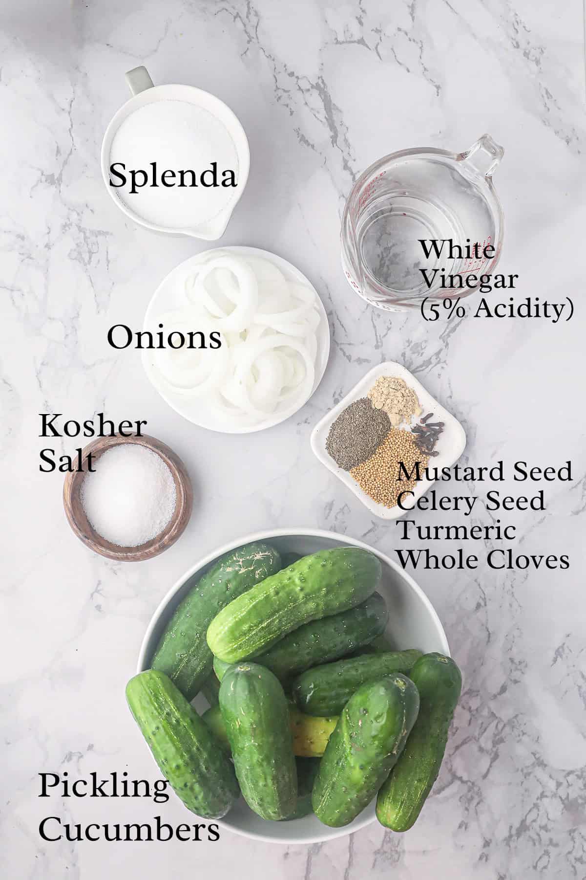 Ingredients needed for sugar free bread and butter pickles.