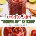 Finished tomato jam in a glass jar.