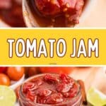 Finished tomato jam in a glass jar.