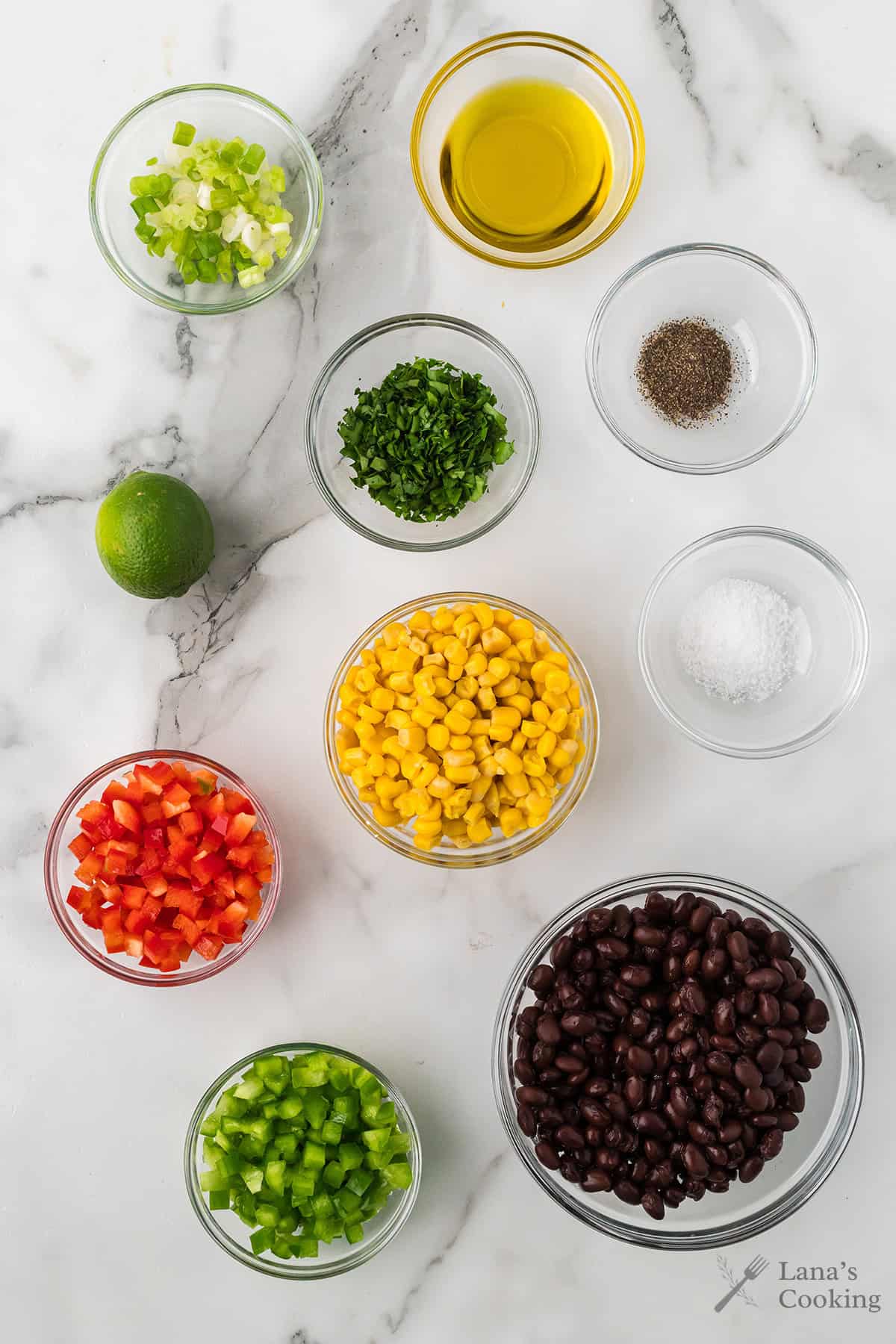 Ingredients used to make black bean and corn salad.