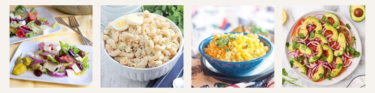 Four different salads are arranged side by side: a Greek salad with feta and olives, macaroni salad with egg slices, a bowl of corn salad, and a mixed avocado salad with red onion and tomatoes.