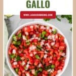 A white bowl filled with fresh pico de gallo made of diced tomatoes, onions, jalapeños, and cilantro.