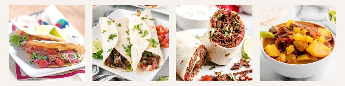 Four dishes featuring shredded beef: a taco, two soft tortillas, a burrito cut in half, and a bowl of stew with beef and potatoes, all garnished with lime and cilantro.