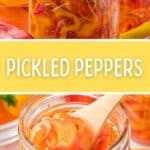 A jar of finished pickled peppers.