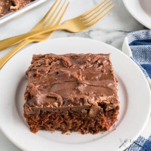 A square piece of chocolate cake with chocolate frosting on a white plate, next to two gold forks.