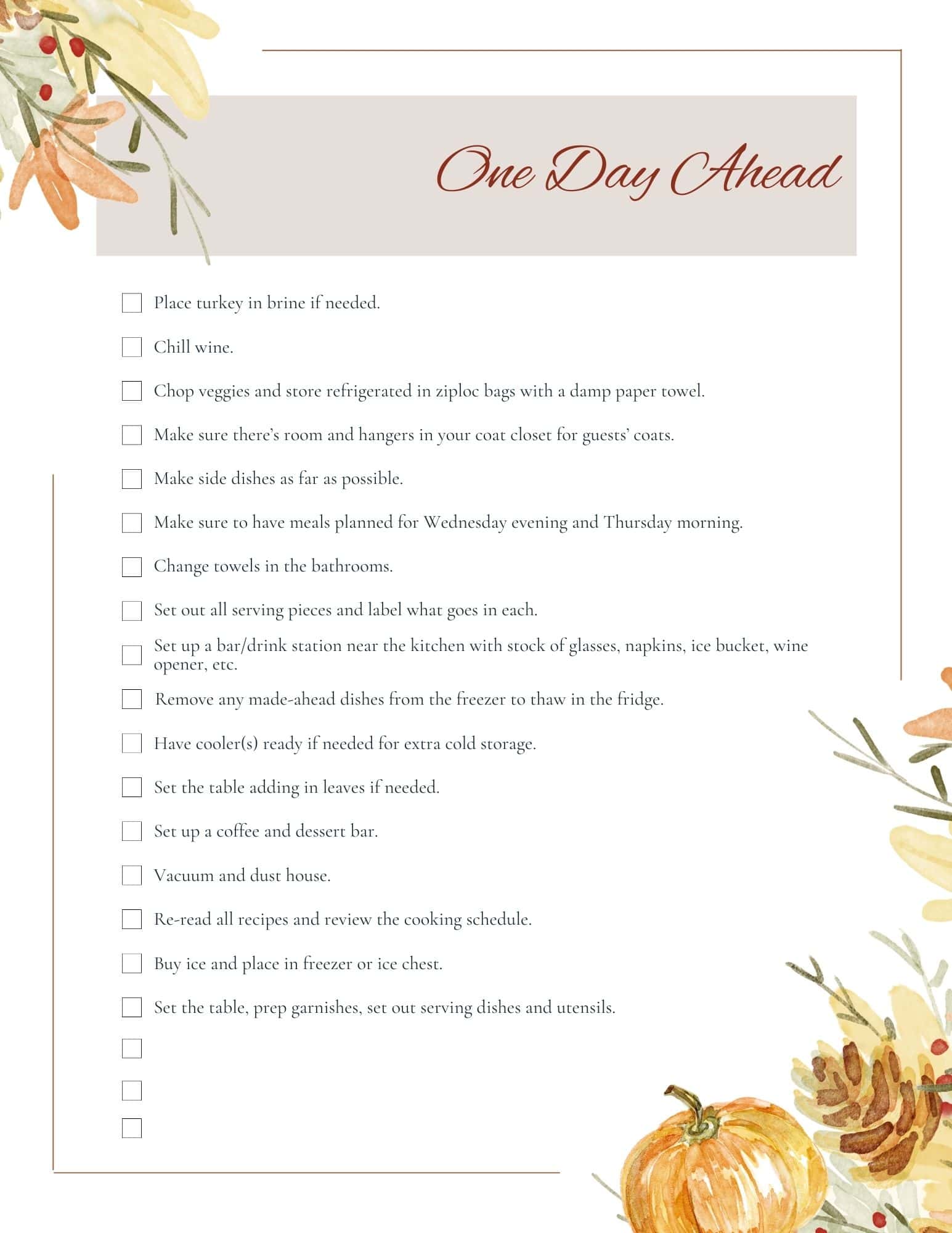 A checklist titled One Day Ahead with fall-themed decorations, including leaves and pumpkins, listing tasks such as chilling wine, prepping foods, setting the table, and readying serving pieces for an event.