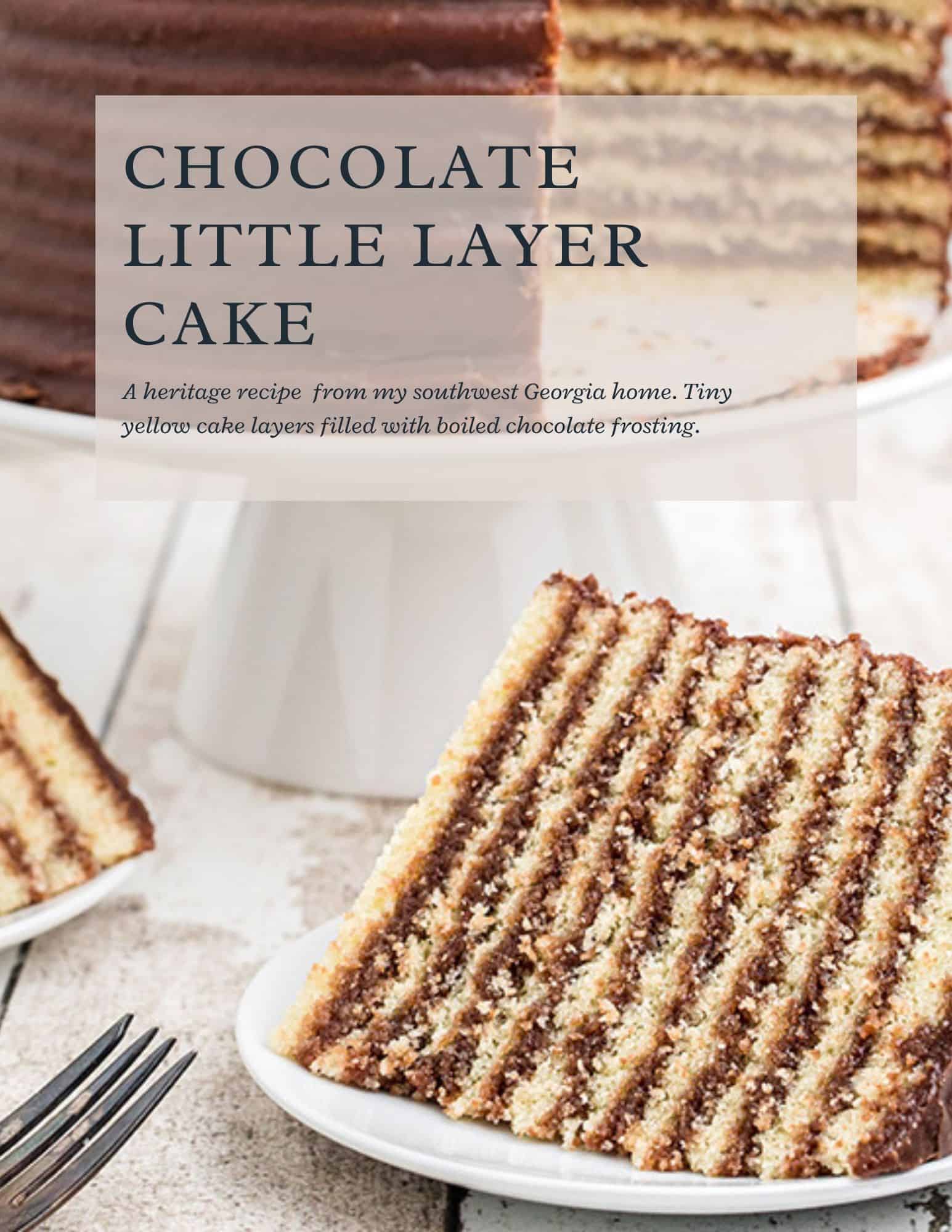 A multi-layered yellow cake with thin chocolate frosting between each layer is displayed on a white cake stand. A slice of the cake sits on a plate in the foreground next to a fork.