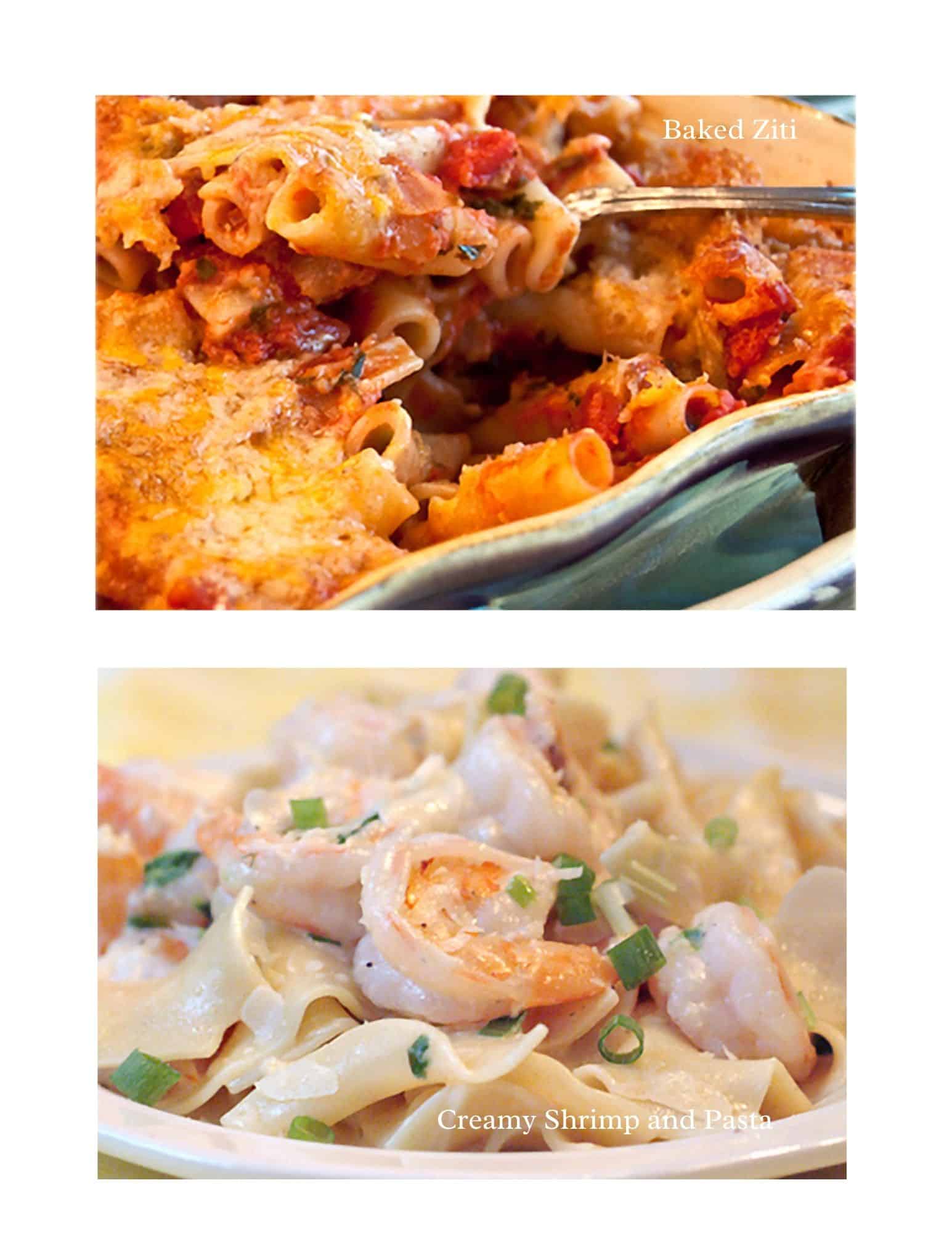 Top image shows baked ziti with melted cheese being served from a dish. Bottom image shows creamy shrimp pasta with pieces of shrimp and green onions on top. Both are close-up shots of pasta dishes.