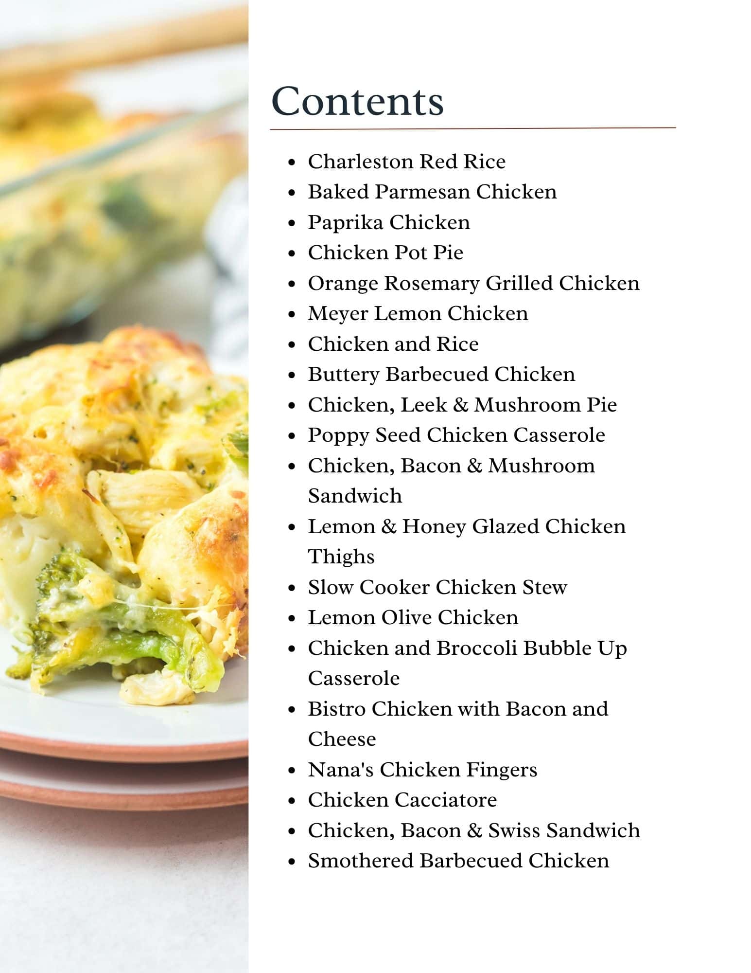 A menu list titled Contents showing various chicken and rice dishes on the right, with a close-up of cheesy casserole with broccoli on the left. The text lists meal names in black font on a white background.