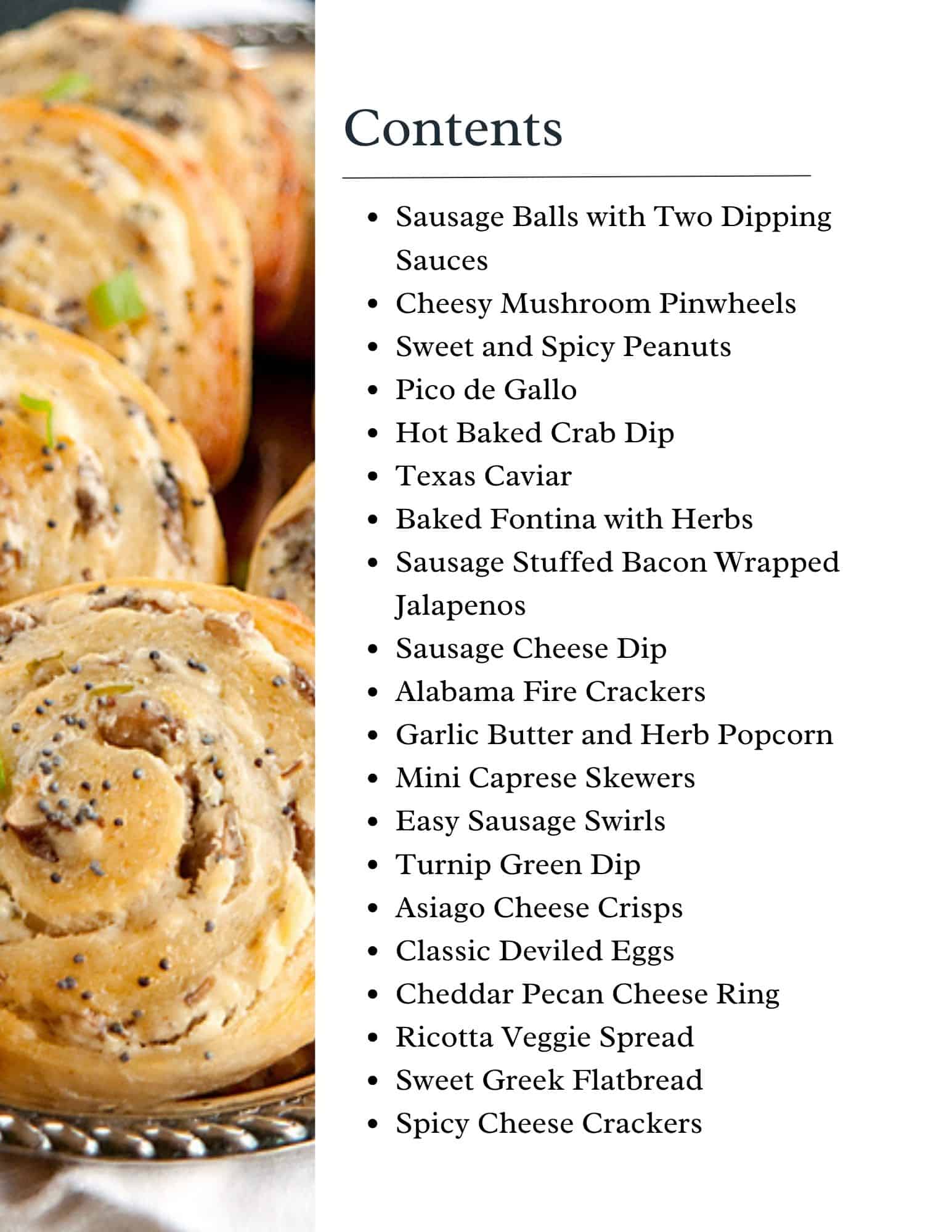 A close-up of sausage balls is on the left, with a “Contents” list of 18 party appetizer dishes, including dips, cheeses, and snacks, on a white background on the right side of the image.