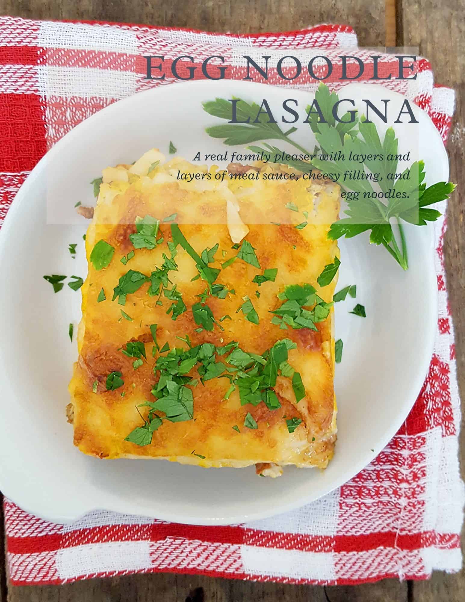 A square slice of egg noodle lasagna garnished with chopped parsley sits on a white plate atop a red and white checkered cloth. Text about the dish is partially visible in the upper right corner.
