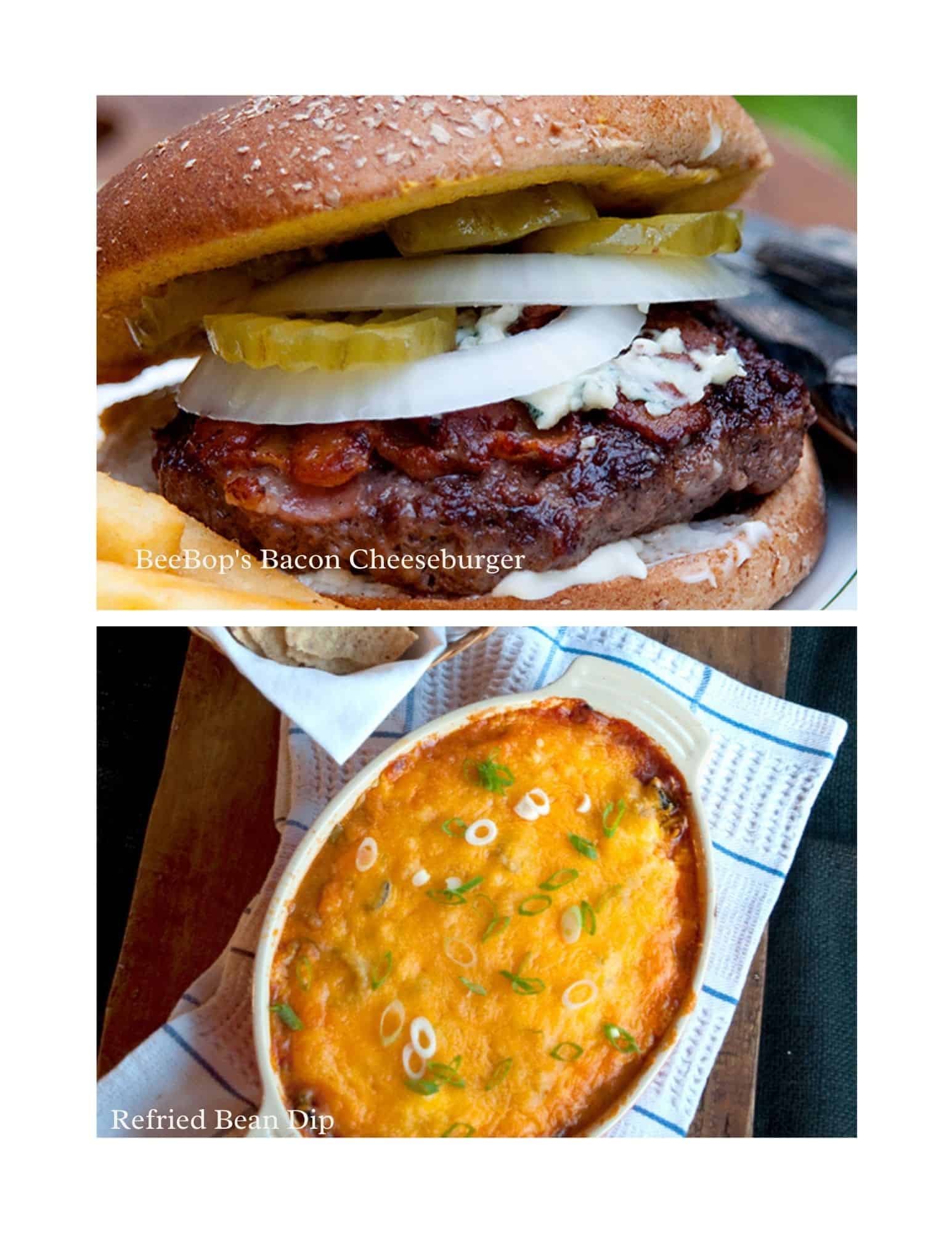 The top image shows a bacon cheeseburger with pickles and onions in a wheat bun. The bottom image shows a baked dish of refried bean dip topped with melted cheese and sliced green onions.