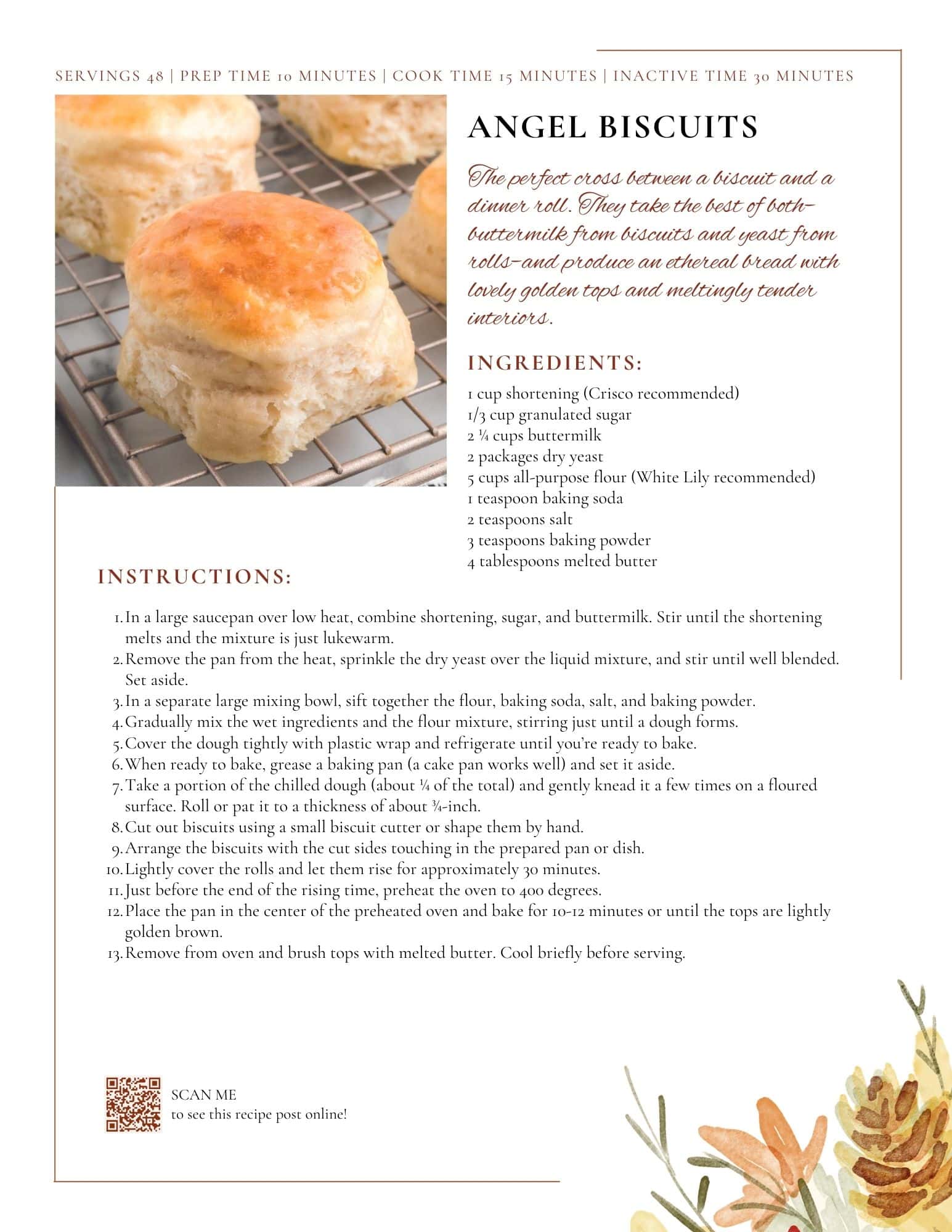 A recipe page for “Angel Biscuits” featuring an ingredient list, step-by-step instructions, and a photo of four golden biscuits on parchment paper; decorative floral accents appear in the bottom right corner.