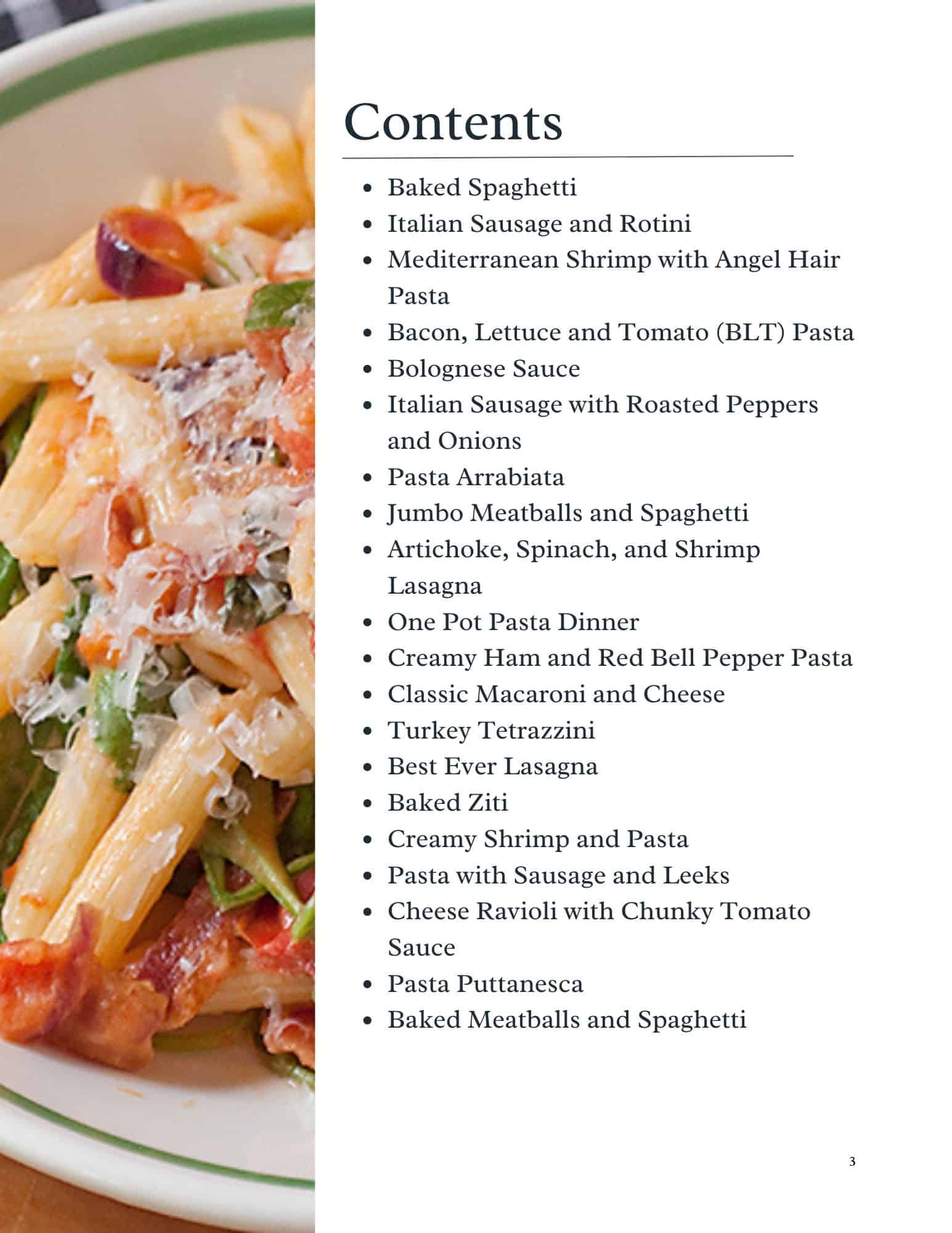A close-up of penne pasta with tomatoes and herbs is partially visible behind a contents page listing various pasta dishes and recipes in black text.