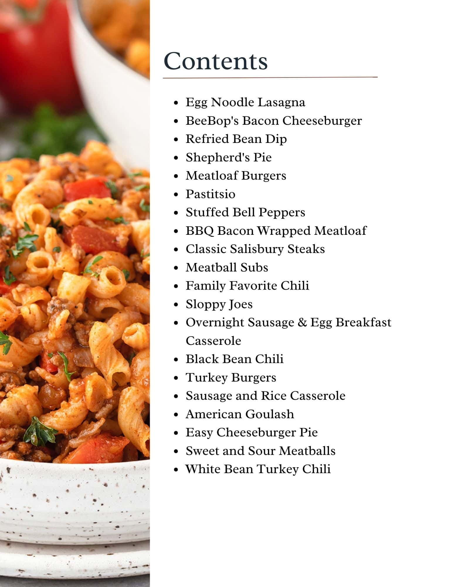 A close-up of a pasta dish featuring macaroni noodles, ground meat, and tomato sauce is shown beside a list of meal names labeled Contents on a white background.