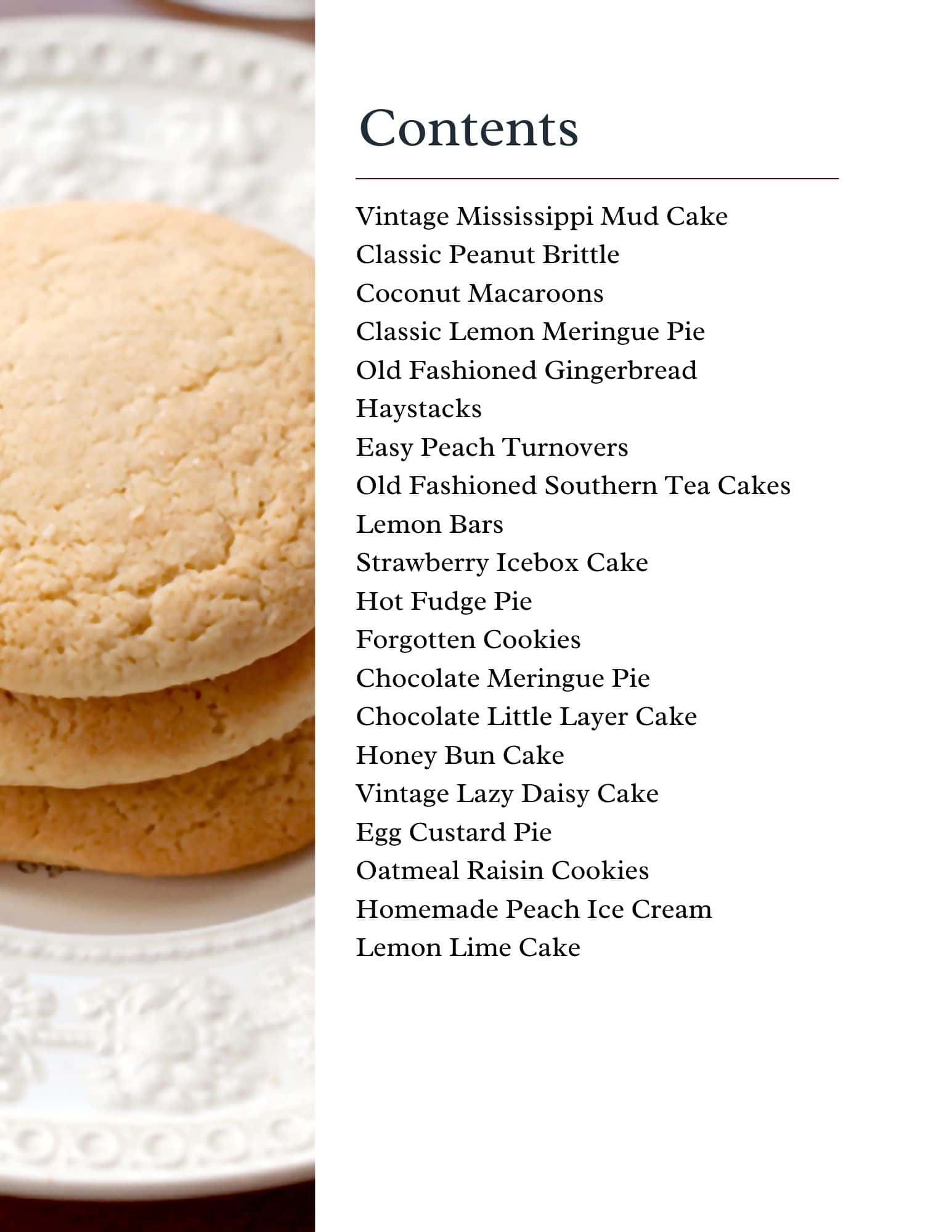 Close-up of a plate with three stacked cookies on the left, and a printed list of dessert recipes under the heading Contents on the right side of the image.