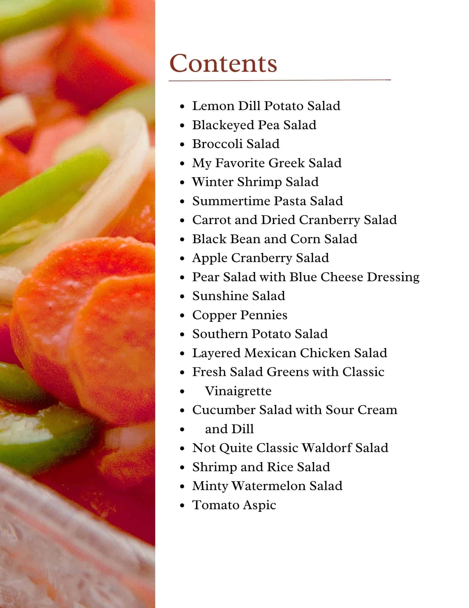A close-up of sliced vegetables serves as the background for a contents page listing various salad recipes, including potato, shrimp, chicken, watermelon, and Greek salads.